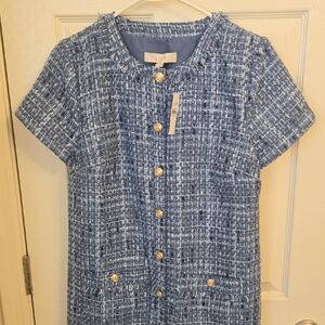 LOFT Navy Tweed Dress with Gold Buttons